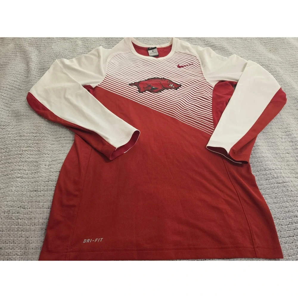 Nike Arkansas Razorbacks Dri-FIT Long Sleeve Shirt Mens Medium Red White HO14